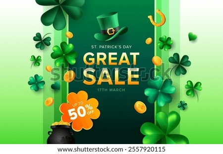 Clean Saint Patrick’s Day greeting background with clover, green hat and gold coins, horseshoe on green strap background. Vector Illustration template.