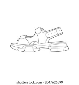 vectores de dibujo de armazón de correa, sandal de correa en un estilo de esbozo, contorno de plantilla de entrenadores, ilustración vectorial.