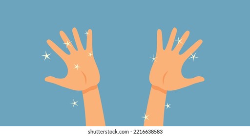 

Clean Sanitized Hands Sparkling Vector Cartoon Illustration. Disinfected palms in perfect personal hygiene state
