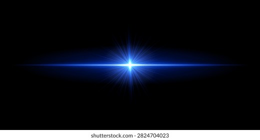 Clean sapphire crossbeam. Vivid deep-blue nucleus projects fine radial spokes along slim horizontal line, producing pure high-energy illumination with soft peripheral softening across void.
