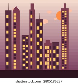 Clean scalable corporate towers vector graphic rendered in a sunset palette with antenna rooftop details against a sunset sky, suitable for commercial property branding and urban design projects.