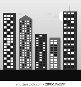 Clean scalable smart city vector graphic rendered in a monochrome palette with antenna rooftop details against a sunset sky, suitable for commercial property branding and urban design projects.