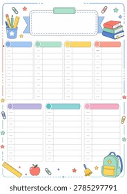Clean school timetable planner template vector illustration set featuring editable weekly schedule boxes, checklist elements, notebooks, pencils, paper notes, labels, and colorful stationery decorations. Designed in a flat pastel style with no gradient and no shadow, this printable education organizer is suitable for lesson planning, student study schedules, homework tracking, classroom worksheets, semester planning, back to school materials, and academic poster or banner templates. Modern simple layout with isolated editable elements, cheerful colors, and clean boxes for school, kindergarten, elementary, teacher, and student use in microstock design collections.