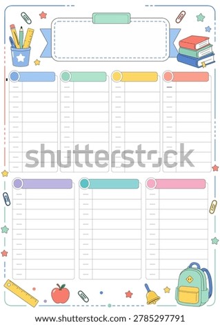 Clean school timetable planner template vector illustration set featuring editable weekly schedule boxes, checklist elements, notebooks, pencils, paper notes, labels, and colorful stationery decorations. Designed in a flat pastel style with no gradient and no shadow, this printable education organizer is suitable for lesson planning, student study schedules, homework tracking, classroom worksheets, semester planning, back to school materials, and academic poster or banner templates. Modern simple layout with isolated editable elements, cheerful colors, and clean boxes for school, kindergarten, elementary, teacher, and student use in microstock design collections.