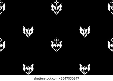 Clean seamless ethnic pattern featuring simple yet stylish white pixel motifs on a stark black background. Ideal for modern designs with a subtle cultural influence. Monochrome Minimalist Ethnic Pixel