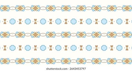 Clean seamless ethnic pattern with soft blue and beige floral borders on white background. Ideal for digital textiles, crafts, and vintage-style design themes.