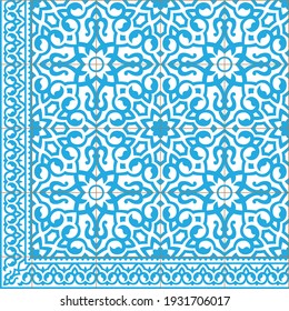 Clean seamless floral pattern Morrocan tiles, with border. Azulejos, portuguese, blue and white. For wallpaper, fills, Web pages.