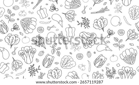 Clean seamless pattern of hydroponic vegetables in hand-drawn line art. Features tomato, spinach, lettuce, herbs, and other greens. Perfect for coloring books, packaging, and vegetarian branding.