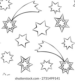 Clean seamless vector illustration featuring hand drawn contour stars and shooting stars. Minimal black and white doodle pattern for textile design, wallpaper, packaging, kids products and creative backgrounds.