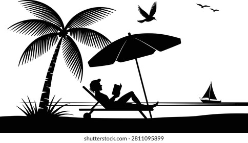 A clean and serene graphic vector illustration depicting a relaxing tropical beach landscape scenery. The design showcases a woman silhouette comfortably reclining on a wheeled sun lounger deck chair beneath the shade of a large opened beach umbrella while reading an open book. Positioned to the left is a highly detailed coconut palm tree with striped trunk textures growing from a small patch of coastal beach grass. In the background sky, a single large bird cruises closer to the tree, while a pair of smaller seagulls fly in the upper right distance above a small sailing boat yacht floating out on a calm, flat ocean horizon line. Ideal for travel agency promotions, summer vacation booking platforms, coastal wellness resort branding, cruise line marketing, or minimalist leisure-themed wall decor posters.