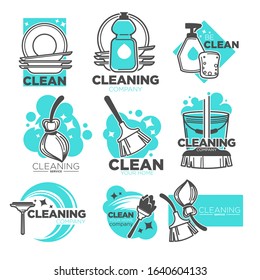 Clean service, cleaning tool, broomstick and brush isolated icon, housekeeping vector. Floor sweeping and washing, dishwashing and windows polishing. Housework company, sanitation and hygiene