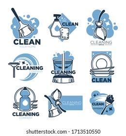 Clean Service, Cleaning Tool, Broomstick And Brush Isolated Icon, Housekeeping Vector. Floor Sweeping And Washing, Dishwashing And Windows Polishing. Housework Company, Sanitation And Hygiene