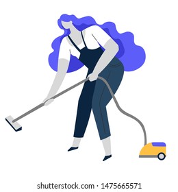 Clean service, vacuum cleaning isolated character vector. Hoover and cleaner in uniform, electric appliance, household chore and housekeeping. House maintenance, hoovering floor, housewife or maid