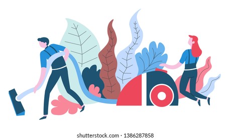 Clean service vacuum cleaning man and woman in uniform vector isolated abstract icon electric appliance male and female character in uniform household chores and housekeeping housework