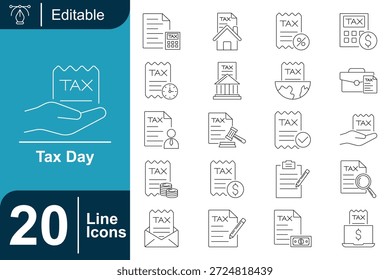 conjunto limpo de 20 ícones de linha editáveis que ilustram conceitos de Dia do Imposto, como formulários de impostos, pagamentos, cálculos, prazos e documentos financeiros, ideais para aplicativos financeiros, sites e infográficos.