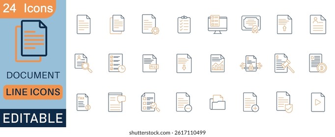 A clean set of 24 editable line icons representing documents, files, reports, contracts, and digital paperwork. Ideal for business apps, legal UI, websites, and admin dashboards.