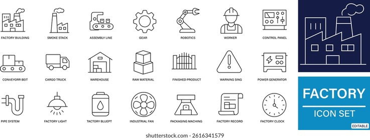 A clean set of 25 black line icons representing factory, industry, production, and machinery perfect for industrial and engineering designs.