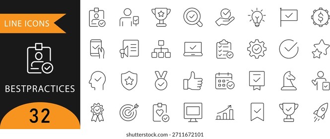 Eine Reihe von 32 Symbolen für minimale Linien mit Auswahlfeldern, Auszeichnungen, Strategie, Planung und Produktivitätssymbolen. Ideal für Unternehmenspräsentationen, Workflow-Infografiken, UI-Dashboards und Schulungen
