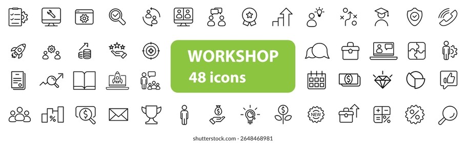 A clean set of 48 workshop icons in linear outline style. Includes symbols for training, tools, workbench, gear, idea, presentation, teamwork, hands-on activities, and creative process.