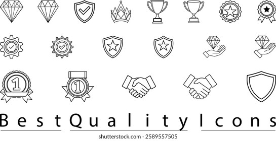  clean set of best quality icons, including ribbons, trophies, and badges, symbolizing top-notch services, industry standards, and professional recognition. Great for business, branding, and marketing