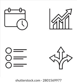 A clean set of black line icons representing time management, business growth, task organization, and decision making. Featuring designs like a calendar with a clock, an upward bar chart, a task list, and directional arrows, these minimalist symbols capture the essence of productivity, planning, and strategic choices. Perfect for presentations, dashboards, and apps, this set ensures clarity and consistency in visual communication.

#TimeManagement #GrowthIcons #DecisionMaking #BusinessProductivity #PlanningTools #WorkflowDesign #MinimalistIcons #ProjectManagement #StrategyIcons #TaskOrganization