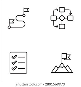 A clean set of black outline icons representing goal achievement, planning, and workflow management. Featuring designs like a winding path with flags, a structured flowchart, a completed checklist, and a mountain peak with a flag, these minimalist symbols capture the essence of progress, decision‑making, and accomplishment. Ideal for business presentations, project dashboards, and productivity apps, this set provides clarity and consistency for visual storytelling.

#GoalAchievement #PlanningIcons #WorkflowDesign #BusinessSuccess #MinimalistIcons #ProjectManagement #ProductivityTools #StrategyDesign #MilestoneIcons #AccomplishmentDesign