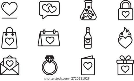A clean set of black and white line icons for Valentine's Day, showing hearts, chat bubbles, gifts, a wedding ring, and more.