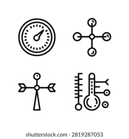 A clean set of black and white line art icons depicting various meteorological tools including barometer, wind vane, and thermometer.
