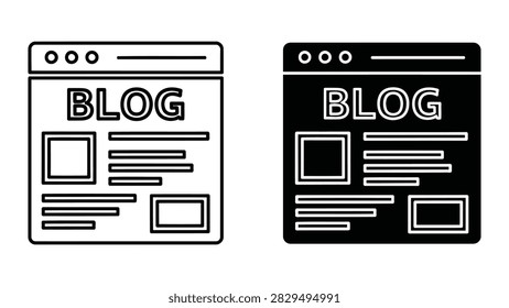 A clean set of blog website interface icons presented in both outline and solid black vector formats. These icons are ideal for web development content management systems blogging platforms digital marketing and UI design projects providing a recognizable symbol for online articles and posts.