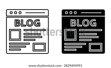 A clean set of blog website interface icons presented in both outline and solid black vector formats. These icons are ideal for web development content management systems blogging platforms digital marketing and UI design projects providing a recognizable symbol for online articles and posts.