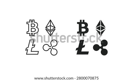 A clean set of four popular cryptocurrency icons including Bitcoin, Ethereum, Litecoin, and Ripple in both outlined and filled styles for versatile use in digital projects.