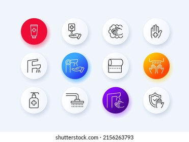 Clean set icon. Soap, antiseptic, hygiene, hand washing, faucet, cream, towel, shower, dryer, etc. Personal care concept. Neomorphism style. Vector line icon for Business and Advertising