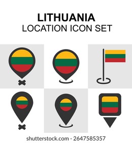 A clean set of Lithuania location icons featuring the national flag in various marker styles for digital maps and designs.