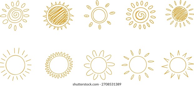 Clean set of minimal sun illustrations created with decorative hand-drawn outlines.