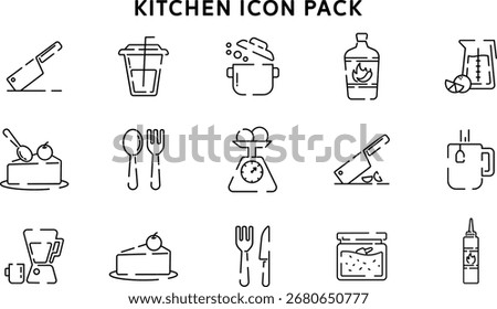 A clean set of minimalist kitchen icons in line art style, featuring tools, appliances, and food items for use in menus, websites, apps, and marketing. Elegant, versatile, and easy to customize.