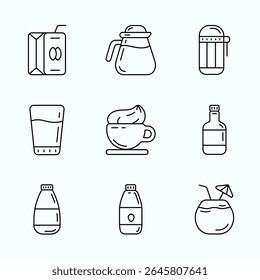 A clean set of outlined drink icons including juice box, coffee pot, water glass, whipped coffee, bottles, and tropical coconut drink. Great for menus, food delivery apps, or branding design