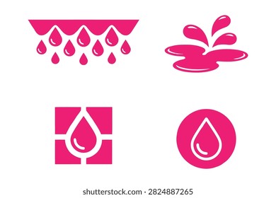 Clean set of pink water droplet illustrations showing rain, dripping water, and gentle growth around leaves, flowers, and seeds, designed in a simple modern style on a white background.
