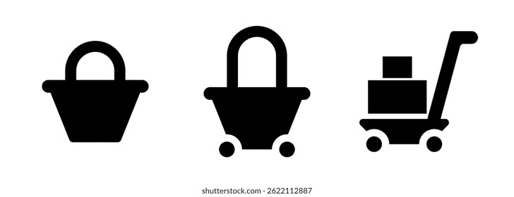 A clean set of shopping cart and basket icons in black and white variations. Perfect for representing e-commerce, online stores, shopping apps, delivery, or retail-related features. Editable.