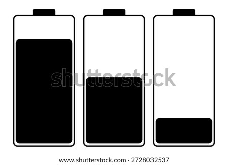 A clean set of three battery status icons featuring a solid black fill to indicate charge levels. The set includes a nearly full battery, a half-charged battery, and a low-energy battery, suitable for modern digital interfaces, smartphone apps, and power management software.