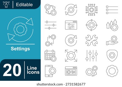 Limpie la colección de íconos de Configuraciones con controles delgados, engranajes, deslizadores y herramientas del sistema. Diseñado para interfaces, paneles y diseños de Web que necesitan un lenguaje visual mínimo, editable y consistente.