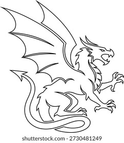 Uma ilustração de linha-art minimalista limpa e nítida de um poderoso dragão mítico em uma postura agachada dinâmica.