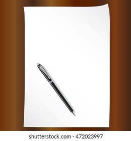 The clean sheet of paper and pen lying on a table. Vector illustration