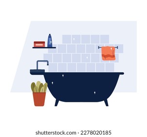 Clean and shiny bathroom, household chores concept - flat vector illustration isolated on white background. Bathtub after cleaning. Bathroom interior with plant, towel and shelf.