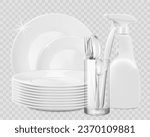 Clean shiny dishes and porcelain kitchen utensils with dishwashing liquid detergent bottle isolated on white. Advertising banner for household cleaning supplies. Realistic 3d vector illustration