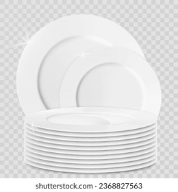 Clean shiny dishes and porcelain kitchen utensils with dishwashing liquid detergent bottle isolated on white. Advertising banner for household cleaning supplies. Realistic 3d vector illustration