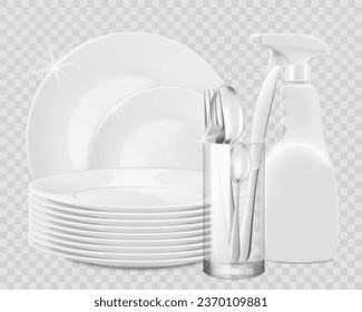 Clean shiny dishes and porcelain kitchen utensils with dishwashing liquid detergent bottle isolated on white. Advertising banner for household cleaning supplies. Realistic 3d vector illustration