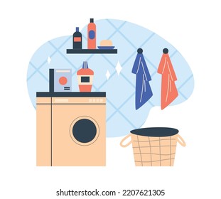 Clean and shiny laundry room, flat vector illustration isolated on white background. Bathroom with washing machine, basket for dirty clothes and hanging towels. Household chores concept.