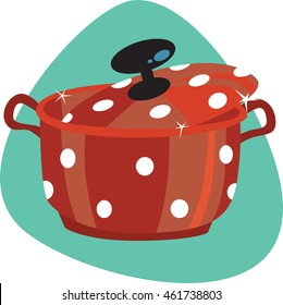 Clean and shiny pot with lid and handle. Pot with polka dot pattern. Isolated. On aquamarine background.