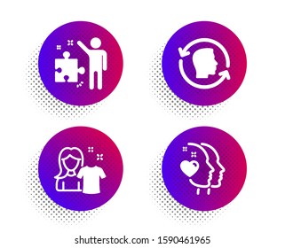 Clean shirt, Face id and Strategy icons simple set. Halftone dots button. Heart sign. Laundry t-shirt, Identification system, Business plan. Love head. People set. Vector