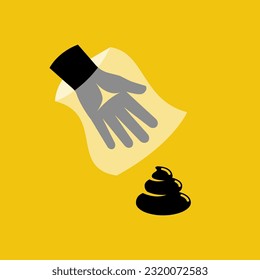 Limpia la mierda. El hombre de la mano sostiene una bolsa de caca, la arroja a la basura. Limpie después de su mascota. Normas sociales. Recoge y elimina. Diseño plano de ilustración vectorial. 